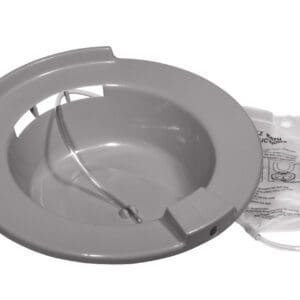 A gray plastic sitz bath basin with a tube attached, used for soothing and cleaning the perineal area, is shown. There is an instruction booklet in a plastic bag next to it.