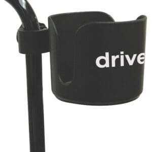 Black cup holder attached to a mobility aid with the word drive printed on it in white letters.