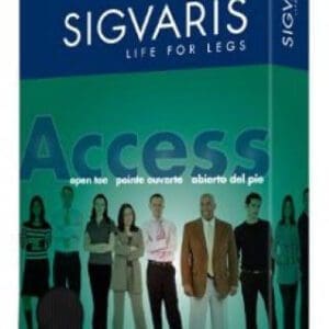 Packaging of Sigvaris Access medical compression knee-high socks, featuring Life for Legs slogan. Box shows images of diverse people and mentions open toe in multiple languages.