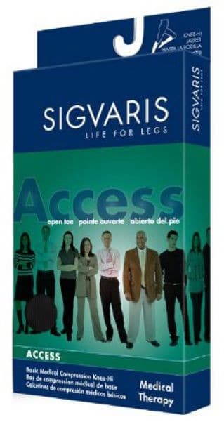 Packaging of Sigvaris Access medical compression knee-high socks, featuring Life for Legs slogan. Box shows images of diverse people and mentions open toe in multiple languages.