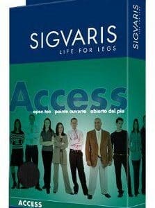 Packaging for Sigvaris Access medical compression knee-high stockings, labeled open toe in multiple languages. Features a photo of diverse adults standing in a row on the front.
