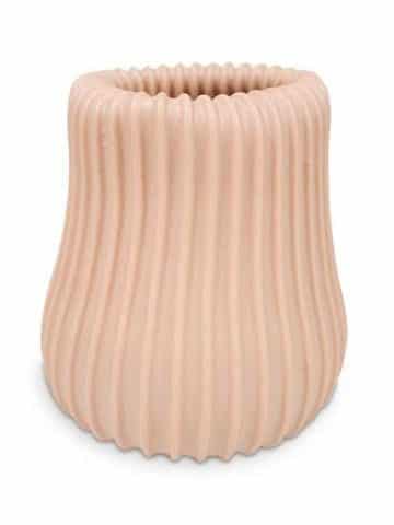 A beige, ribbed, cylindrical ceramic vase with a slightly flared top. The vase has vertical grooves running along its surface, giving it a textured appearance.