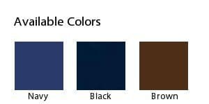 Image displaying three color swatches labeled Available Colors: Navy (a dark blue), Black, and Brown.