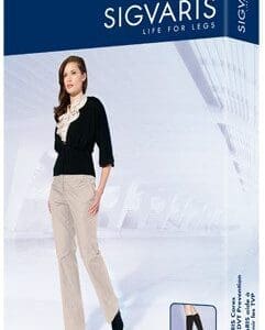 Packaging for Sigvaris Soft Opaque medical compression hosiery, featuring an image of a woman in professional attire. The box is primarily blue with white text and branding, highlighting the products purpose and features.