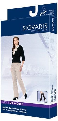 Packaging for Sigvaris Soft Opaque medical compression hosiery, featuring an image of a woman in professional attire. The box is primarily blue with white text and branding, highlighting the products purpose and features.