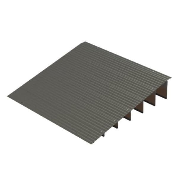 A 3D model of a corrugated metal roof structure with multiple supporting beams underneath, shown at an angle to display the ribbed texture and triangular support anatomy.