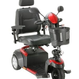 A red and black mobility scooter with three wheels, a comfortable padded seat, armrests, and a front basket. Its designed for easy accessibility and maneuvering.
