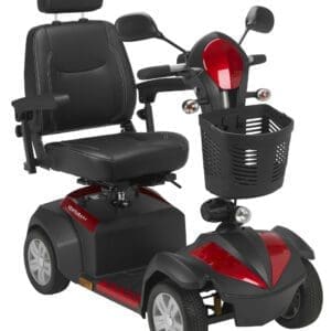 A red and black mobility scooter with a padded seat, armrests, and rearview mirrors. It features a front basket and four wheels for stability. The scooter is designed for accessibility and independence.