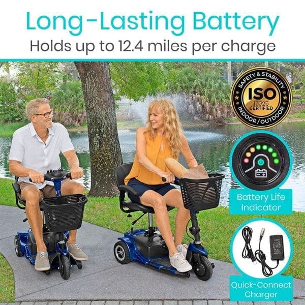 An older couple enjoys a serene park path by the pond on their Vive 3-Wheel Mobility Scooters, which offer up to 12.4 miles per charge and feature a battery life indicator and quick-connect charger for seamless adventures.