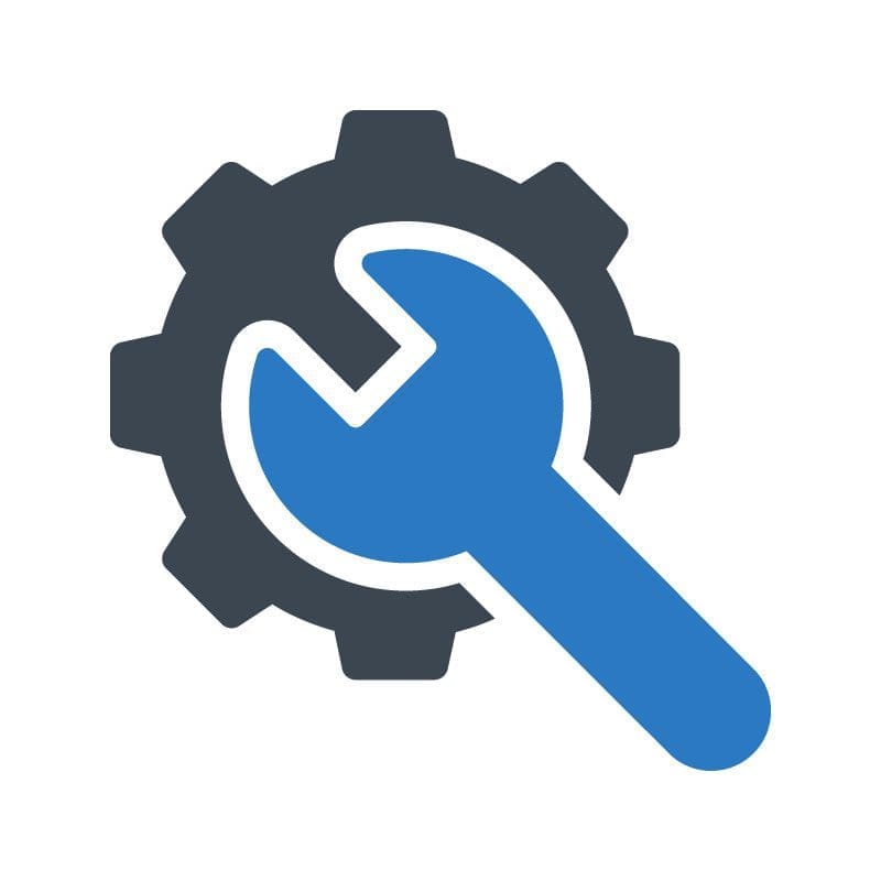 A blue wrench overlaps a dark gray gear, symbolizing tools or settings.