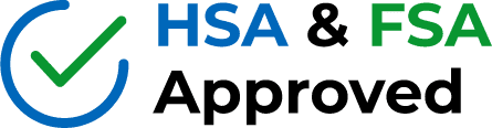 The image features a blue and green checkmark inside a circle next to the text HSA & FSA Approved in blue and green letters on a white background.