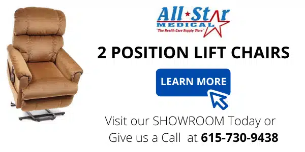 Check out All Star Medicals 2 Position Lift Chairs, now spotlighted in our latest ad featuring a cozy brown recliner. Curious about how they can enhance your comfort? Discover the answers to all your questions in our FAQ Lift Chairs section. Visit our showroom or call 615-730-9438 to learn more.
