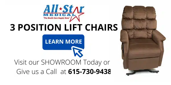 Discover comfort with All Star Medicals 3-position lift chair. Perfectly cushioned and stylish in brown, its designed to meet all your needs. Visit our showroom or call 615-730-9438 to learn more. Check out our FAQ section for any lift chair questions you might have!.