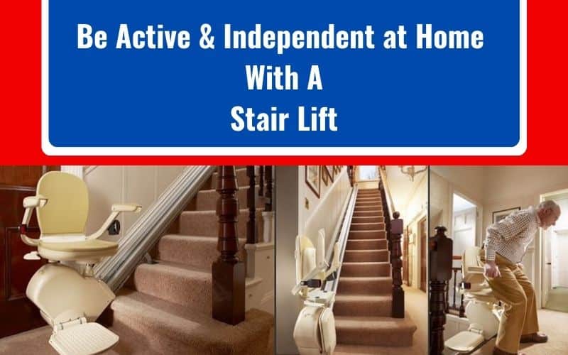 Advertisement for a stair lift featuring two images: one showing the stair lift on a staircase, and the other with a person using it. Text reads Be Active & Independent at Home With Stair Lifts Middle TN against a red and blue background.