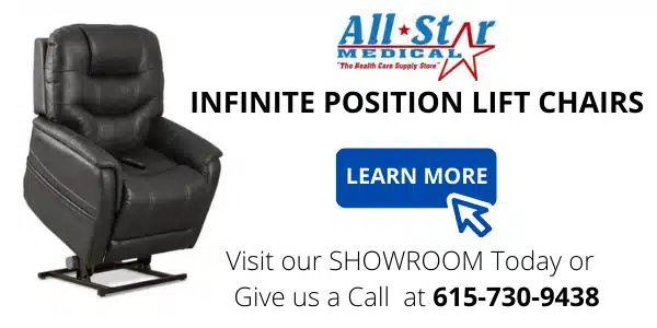 Discover the comfort of All Star Medicals infinite position lift chair, your solution to effortless mobility. Visit our showroom or call 615-730-9438 to learn more and check out our FAQ section about lift chairs. Click Learn More for details!.