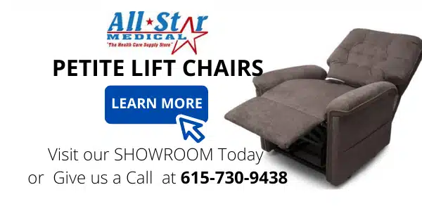 Discover comfort with All Star Medicals brown petite lift chair. Perfectly designed for your needs, it’s not just a chair; its an experience. Click Learn More or call us at 615-730-9438. Visit our showroom and check out our FAQ on Lift Chairs to explore more!.