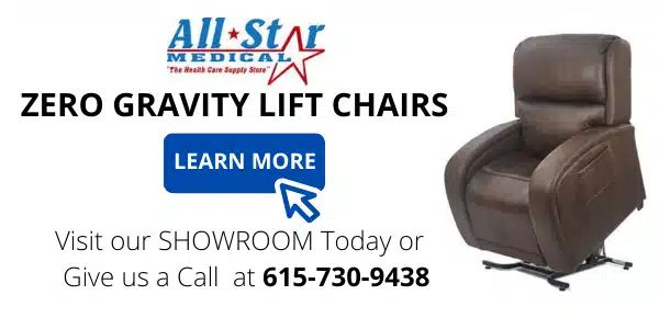 Discover the comfort of All-Star Medicals zero gravity lift chair. Perfect for unparalleled relaxation, this chair is designed with you in mind. Have questions? Check out our FAQ on lift chairs or call 615-730-9438. Visit our showroom today and hit Learn More for details!.