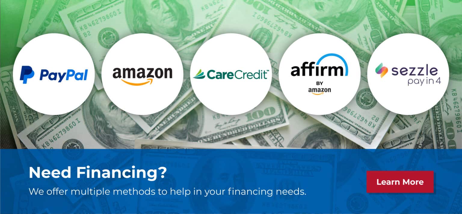 The image features logos of PayPal, Amazon, CareCredit, Affirm, and Sezzle on a background of US dollar bills. A red box with the text Learn More is visible, along with a message about financing options.