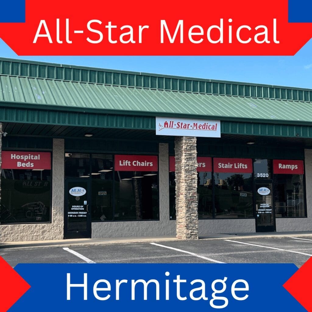 Image of a storefront for All-Star Medical in Hermitage. The building has a green roof and display windows showing products like hospital beds, lift chairs, scooters, stair lifts, and ramps. Red and blue signage highlights the stores offerings.