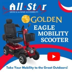 Discover the Golden Eagle All Terrain Mobility Scooter by All Star Medical & Home Accessibility. Featuring a vibrant red scooter on a striking blue background, it invites you to Take Your Mobility to the Great Outdoors! Spot the YouTube logo for more insights.
