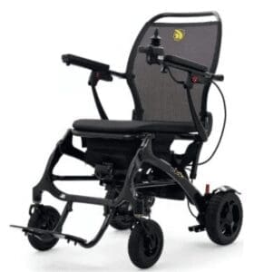 Explore the convenience of a lightweight, foldable electric wheelchair with a sleek black frame and cushioned seat. Featuring joystick control on the right armrest, four wheels for stability, and a mesh backrest for comfort. Discover how folding power wheelchairs differ from non-folding options to find your best fit.