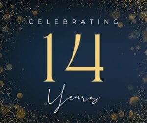 Celebratory image with a dark blue background and gold confetti. Text in the center reads Celebrating 14 Years in large yellow and white letters.