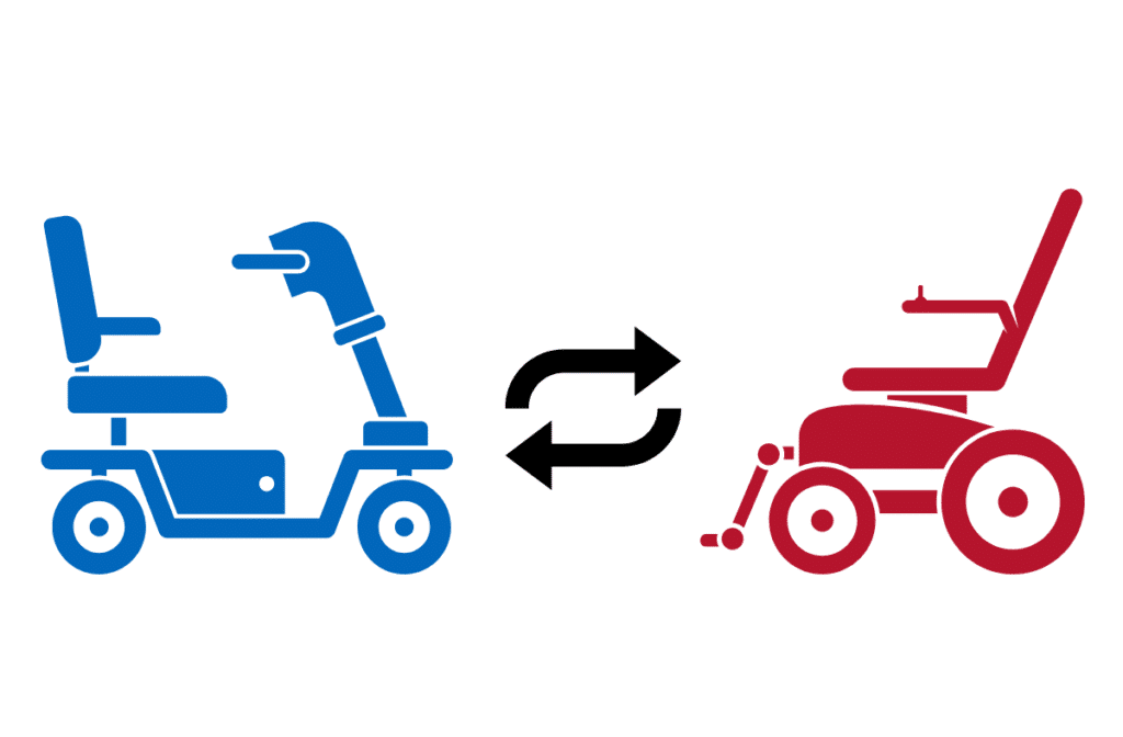 Illustration of a blue mobility scooter and a red wheelchair with double arrows between them, suggesting conversion or interchangeability. This visual captures the essence of scoot-or-glide-navigating-the-mobility-scooter-vs-power-wheelchair-choice, highlighting versatility and adaptability.