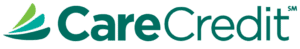 The image shows the CareCredit logo featuring a stylized design of three green and blue overlapping shapes next to the companys name in green text.