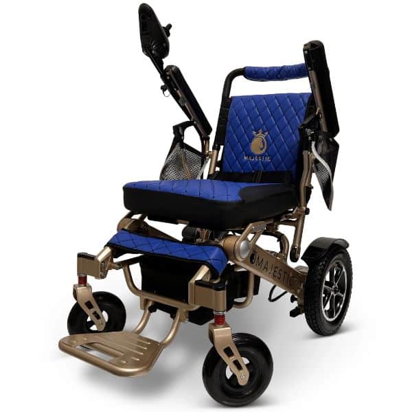 The MAJESTIC IQ-7000 Wheelchair features a blue and gold design, quilted seat, adjustable backrest and armrests. It includes a control panel on the left armrest for convenience and large rear wheels for stability and maneuverability.