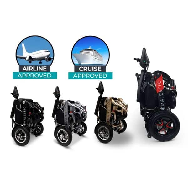 Four foldable mobility scooters, featuring the MAJESTIC IQ-7000, are displayed in various colors. Two icons above indicate Airline Approved and Cruise Approved, showcasing an airplane and a cruise ship.