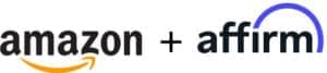 Logos of Amazon and Affirm are shown side by side, separated by a plus sign. The Amazon logo features its signature curved arrow, while the Affirm logo includes a blue arc over part of the word.