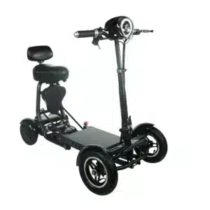The COMFYGO MS-3000 black electric scooter features four wheels, a comfortable seat, and a handlebar with headlight and brake lever. Its sturdy frame makes this foldable mobility scooter ideal for seated riding against a plain white background.