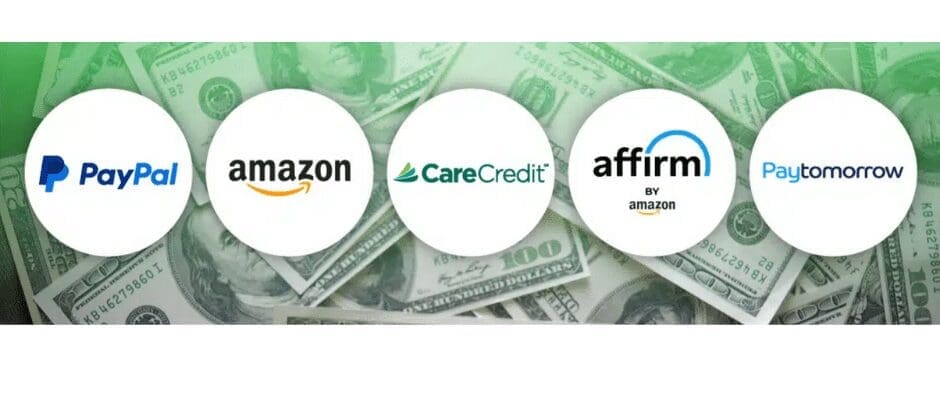 Logos of PayPal, Amazon, CareCredit, Affirm by Amazon, and Paytomorrow are displayed in circles against a background of hundred-dollar bills.