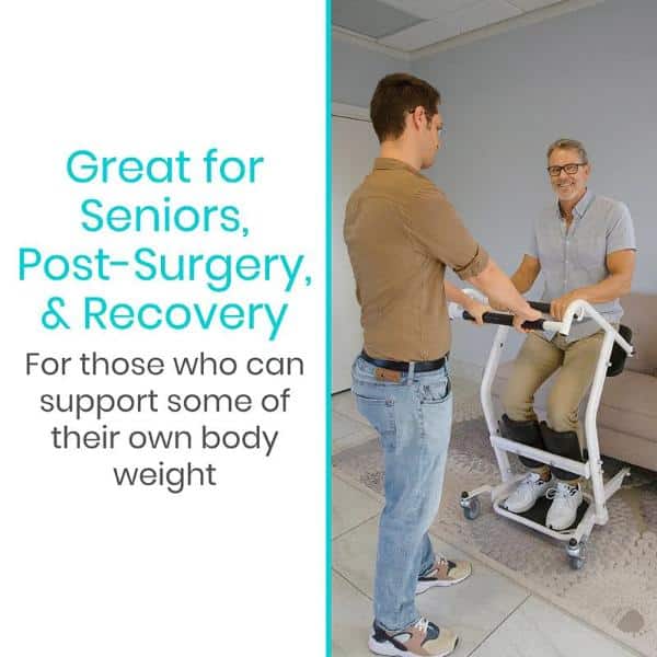 A man uses the Product Name to stand while another person assists. Text reads, Great for seniors, post-surgery, & recovery. Ideal for those who can support some body weight and need transport stand assist.