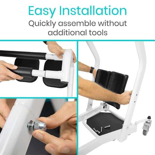 Collage of a white Transport Stand Assist being assembled: Top left shows hands with black pads, top right depicts inserting a pad into the frame, and bottom left shows screwing a bolt. Text reads Easy Installation: Quickly assemble without additional tools.