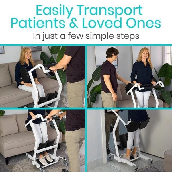 A woman sits on a couch while a man expertly uses the Transport Stand Assist to help her stand, illustrating the devices step-by-step use for easy movement of patients or loved ones.