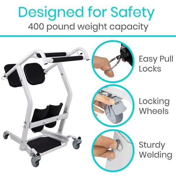 The Transport Stand Assist walker supports up to 400 pounds and features easy pull locks, locking wheels, and sturdy welding. With close-ups of its locking mechanism, wheels, and welded joints, it emphasizes safety, durability, and transport-friendly design.