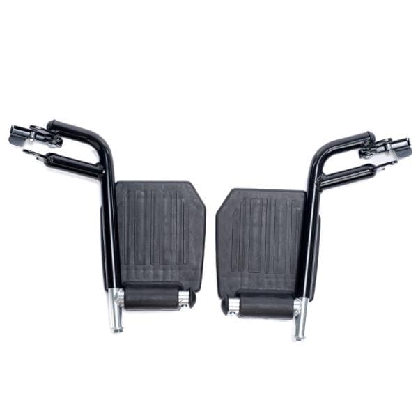 A pair of black wheelchair footrests with metal supports for the Astra Transport Chair 19 Aluminum 250lb Wt-Cap., are placed side by side on a white background, complementing its durable black nylon seat.