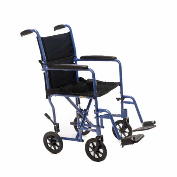 The Astra Transport Chair 19 is a lightweight aluminum wheelchair in black with a 250lb weight capacity, featuring a durable nylon seat, four small wheels, footrests, and armrests for easy mobility and portability.