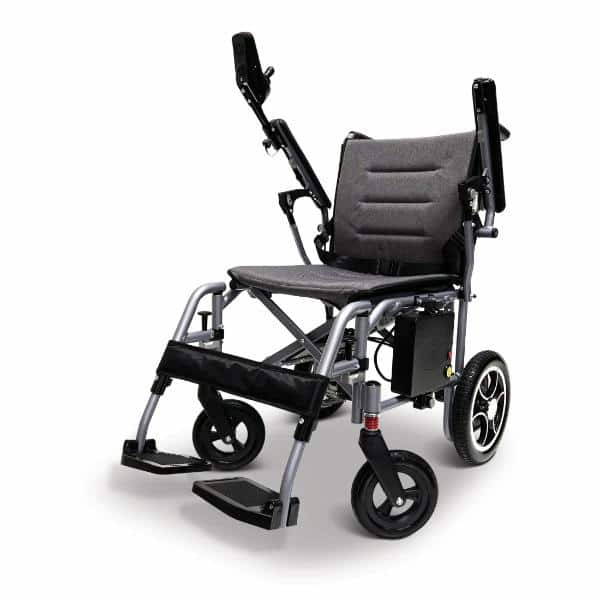 The X-7 ComfyGO Wheelchair features a cushioned seat, foldable armrests, and footrests. Large rear wheels provide stability and small front wheels enhance maneuverability. Its metallic frame and sleek design make it ideal for travel.