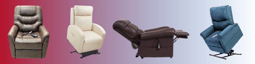 A selection of four perfect fitting lift chairs, each in a distinct color: brown, beige, dark brown, and blue. The background gradient elegantly transitions from red on the left to blue on the right, highlighting their stylish design.