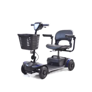 The Journey Adventure Scooter features a sleek blue and black design, a padded seat with armrests, handlebars with controls, and a front basket for storage. Its elegantly presented against a plain white background.