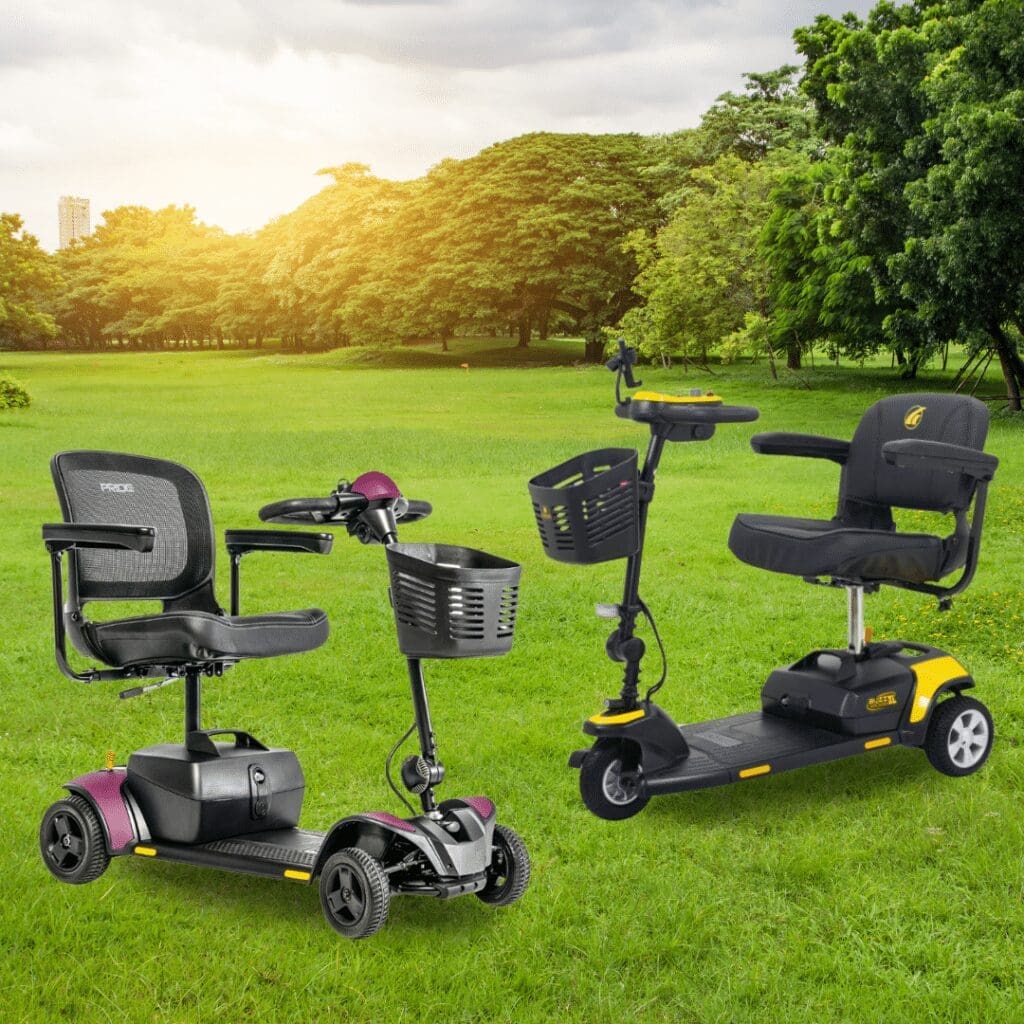 A pair of mobility scooters rests on a grassy field, framed by trees as the sun sets behind them. Each scooter features seats, baskets, and handlebars—one in vibrant purple and black, the other a striking yellow and black.