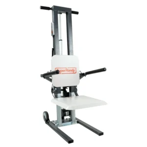 The SuperHandy GoRise FC Floor to Stand Mobility Lift features a handle, platform, and wheels for easy movement. Its mobility lift mechanism and branded backrest ensure efficiency and ease in tasks.