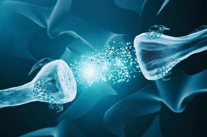 Illustration of two neural synapses with a synaptic gap in between, emitting bright blue particles signifying neurotransmission. The background is a gradient of dark blue, creating a sense of depth.