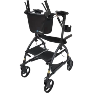 The UPWalker® CardioAccelerator is a black upright walker with four wheels, adjustable armrests, a storage bag, and a cup holder, designed to enhance mobility with support and convenience.