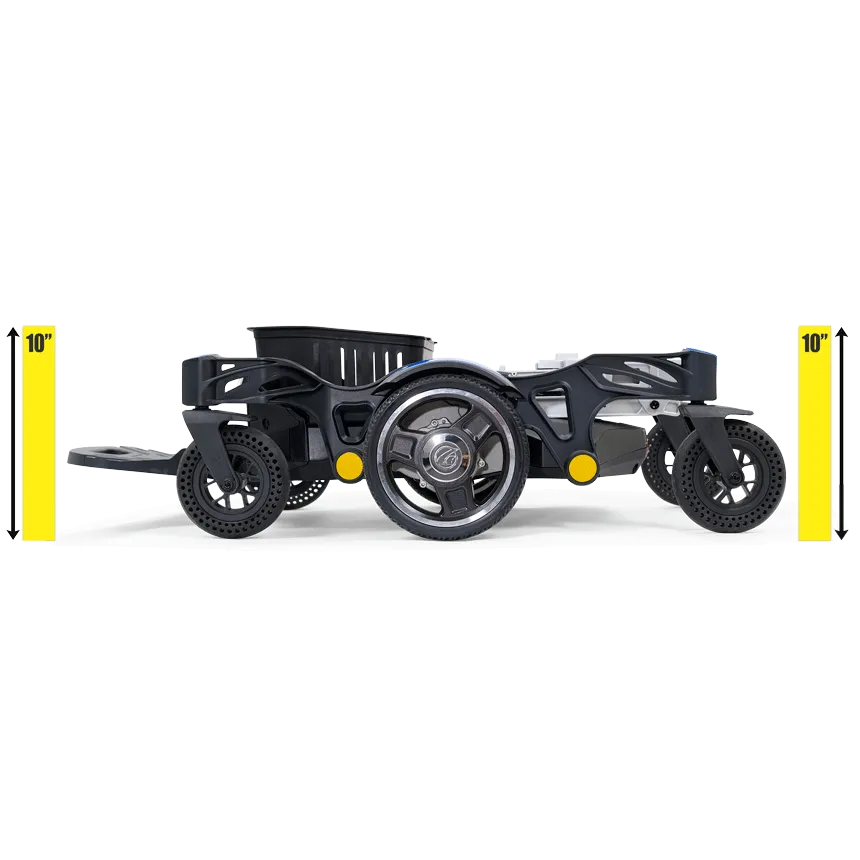 Side view of a futuristic, remote-controlled car inspired by the Buzzaround Carry On Powerchair. It features black bodywork with yellow accents, large central wheels, smaller front and rear wheels, and two yellow vertical bars on each side indicating a height of 10 inches.
