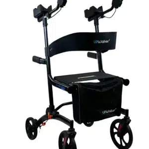 The UPWalker Premium Lite is a sleek, black upright walker featuring four wheels, armrests, a comfortable seat with a backrest, and a storage pouch underneath. Its handlebars support easy upright walking.