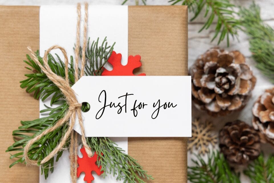 A gift wrapped in brown paper with a white ribbon. Its adorned with pine needles, a red snowflake ornament, and a pine cone. A white tag reads Just for you. Pine branches are in the background.