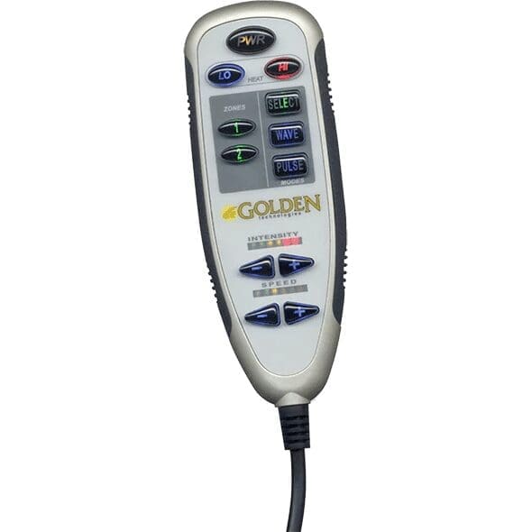 The handheld remote for the Golden Cloud PR 517 with Power Headrest & Lumbar features buttons labeled PWR, HEAT, LO, HI, SELECT, WAVE, MODE, PULSE, and ZONES. It includes a screen and displays GOLDEN TECHNOLOGIES, with a black cord extending from its base.